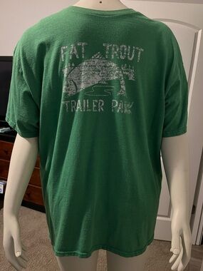 Green Graphic Tee with 'Fat Trout Trailer Park' Print